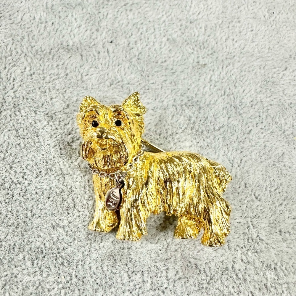 Joan Rivers Gold Tone Yorkie Dog Brooch with Black Eyes